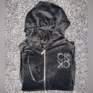 Women’s XL Calvin Klein Charcoal Zip-Up Hoodie Jacket with Silver Bedazzled Logo